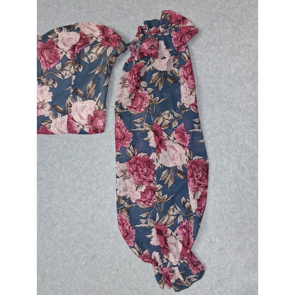 Babydoll Cropped Off The Shoulder Balloon Sleeve Blouse Small Floral Coquette - Picture 4 of 14
